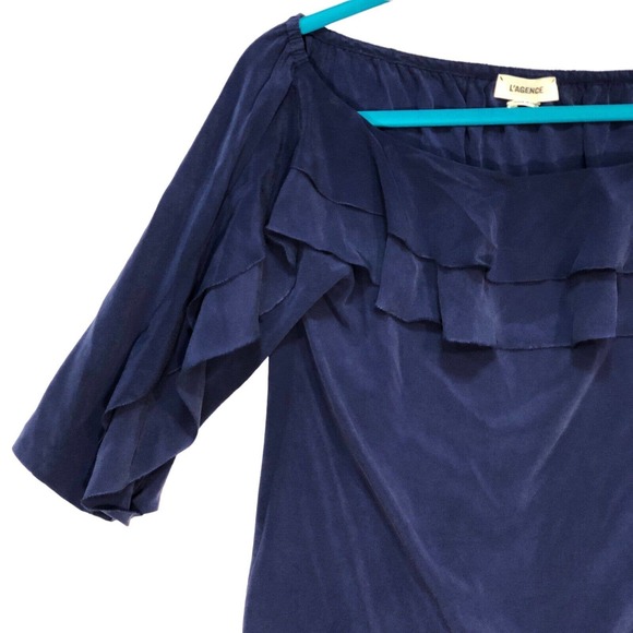 L'Agence Sz XS Monroe Off Shoulder Silk Blouse Blue Ruffle Pullover 4677CD1 Top - Picture 9 of 14